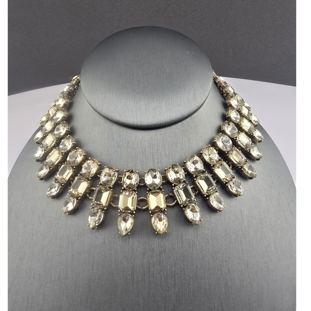 Ann Taylor Necklace Gold Tone Champagne Crystal Tiered Bib Statement 12.5-15.5in
